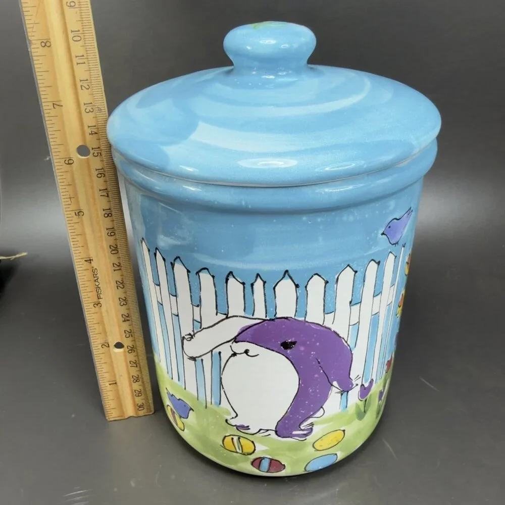 Starbucks Canister Cookie Jar Container Hand Painted Hungary Bunny Rabbit Flower - Picture 3 of 15